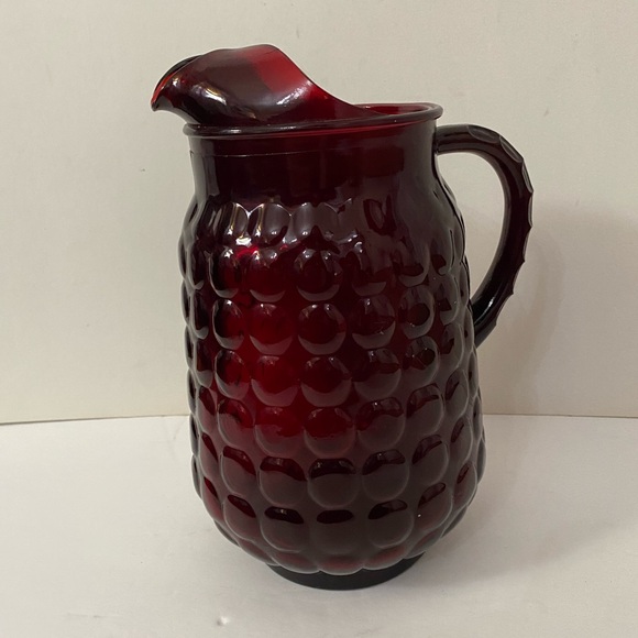 Vintage Anchor Hocking Ruby Red Bubble Glass Lip Water Pitcher 64 oz - Picture 2 of 11